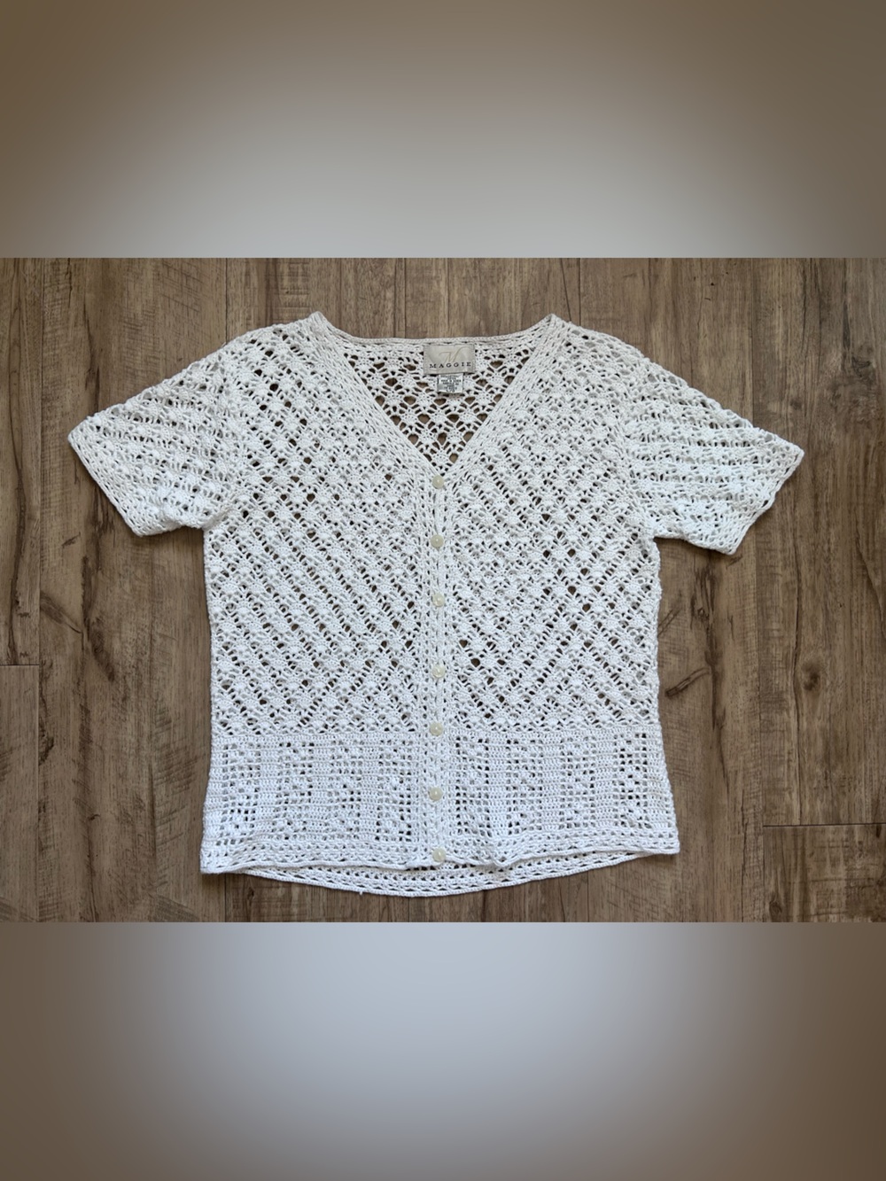 Vintage 100% cotton White Crochet Button-Front Women's Top summer neutral - Picture 6 of 8